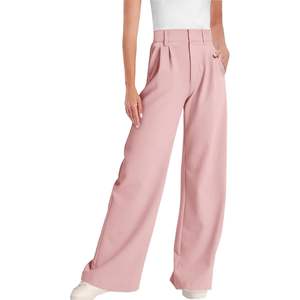 Pantalon de travail décontracté pour femme, taille mi-haute, jambe large, délavage blanchi, en Spandex/Polyester, devant plat, vente en gros 2026 - Product Image 1