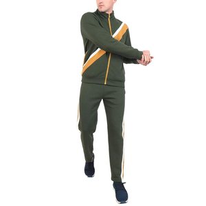 <b>Men's</b> Olive Green Tracksuit Set With <b>White</b> And Mustard Stripes Full Zip <b>Jacket</b> And Jogger Pants Breathable Sporty Design - Product Image 2