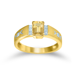 14K Yellow Gold <b>Ring</b> Emerald Cut <b>Citrine</b> Center Stone with Princess Cut Diamond Accents Brushed Finish Band with Engraved - Product Image 1