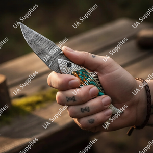 Couteau utilitaire pliant de camping en acier Damas gravé à la main, de haute qualité, polyvalent, lame de 7,5 pouces, qualité DIY, faibles MOQ - Product Image 4