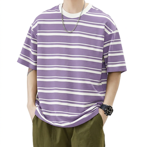 Men's Brown White Striped Crew Neck Short Sleeve <b>T</b>-<b>Shirt</b> Loose Fit 100% Cotton Summer Breathable Casual Top - Product Image 3