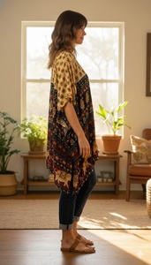 ชุดเดรสผ้าฝ้ายทำมือแบบสั้น |   ชุดคาฟทันสไตล์โบฮีเมียนสำหรับผู้หญิง |   ชุดคลุมชายหาดลายพิมพ์อินเดีย |   เสื้อคลุมฤดูร้อนทรงหลวม - Product Image 3