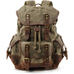 Genuine Leather and Waxed <b>Canvas</b> Travel <b>Backpack</b> Durable Outdoor Hiking Rucksack - Product Image 1
