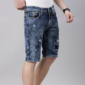 Men's Blue Denim Shorts High Waist Straight Leg Ripped Distressed Casual Streetwear Summer Wear Pockets Breathable Cotton Fabric - Product Image 4