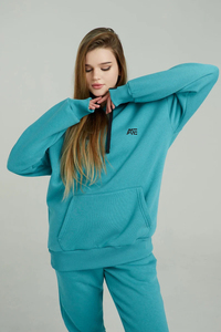 Private <b>Label</b> 100% Cotton Matching Men Women Turquoise Hooded Sweatsuit Set Fleece Jogger Tracksuit OEM Manufacturer - Product Image 6