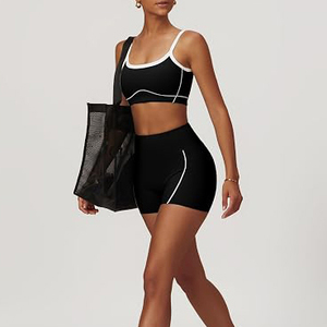 Black Solid 2 Piece Yoga Set Spaghetti Strap Sports Bra High Waist Shorts Seamless Contrast Binding Breathable Front - Product Image 5