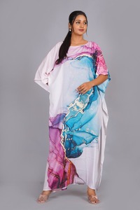 Loose Fit Spring <b>Summer</b> Women's Luxury <b>Kaftan</b> Satin Floral Printed Breathable Drawstring Closure Beach Cover Gift Great Price - Product Image 2