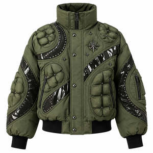 Parka d'hiver personnalisée pour homme, matelassée, à clous, effet bulle, en cuir verni brillant, patchwork, coupe oversize, verte, chaude, style streetwear - Product Image 4