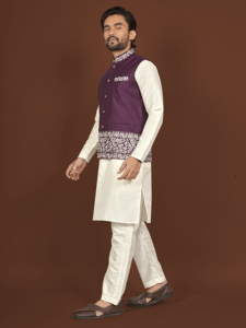<b>Men's</b> White Smooth Shiny Silk Kurta Purple Embroidered <b>Waistcoat</b> Traditional <b>Indian</b> Wedding Party Attire Regular Fit Knee-Length - Product Image 2