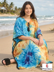 Elegante Vestido Kaftán de Rayón Estampado hasta la Rodilla para Mujer, Corte en A, Ecológico, con Patrón Geométrico, Holgado, para Playa o Resort - Product Image 3