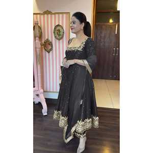 Pure Vichitra Silk Anarkali Gown Dupatta & Pant Plazzo Set para ropa de fiesta Talla 2XL - Product Image 5