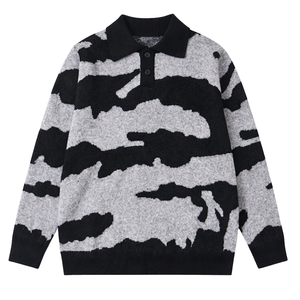 Suéter Polo de Punto con Patrón de Camuflaje, Tejido Suave, Manga Larga, Cuello con Botones, Ropa Casual de Calle - Product Image 1