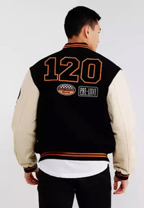 Custom Black Wool Varsity <b>Jacket</b> Men Beige <b>Leather</b> Sleeve Racing Patch Bomber <b>Jacket</b> Wholesale Letterman Baseball - Product Image 3