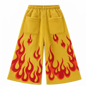 Men's Yellow Baggy <b>Sweat</b> <b>Shorts</b> with Red Flame Pattern Wide Leg Fleece Jorts Streetwear - Product Image 2