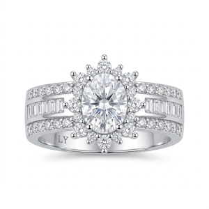 Brass Elegant Rhodium Plated Oval Halo Engagement <b>Ring</b> 5A Cubic Zirconia Prong <b>Set</b> Wedding Band for <b>Women</b> - Product Image 2