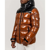 Custom Men's Glossy Hooded Puffer Jacket Full Zip Insulated Winter Coat Warm Lightweight Brown Black Premium Leather Streetwear