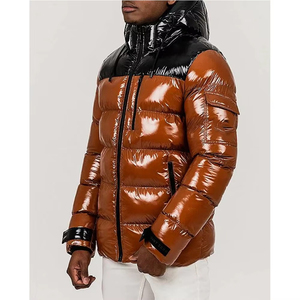 Custom Men's Glossy Hooded Puffer <b>Jacket</b> Full Zip Insulated <b>Winter</b> Coat Warm Lightweight Brown Black Premium <b>Leather</b> Streetwear - Product Image 3