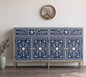 Handcrafted Bone Inlay <b>Console</b> <b>Table</b> Mediterranean Style <b>Blue</b> White Geometric Pattern Wooden Sideboard Entryway Storage Cabinet - Product Image 1