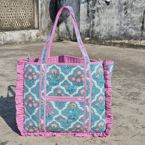 Cotton Quilted Floral Tote <b>Bag</b> With Pink Ruffles <b>Boho</b> Style Women's Shoulder <b>Bag</b> All Seasons Shopping <b>Bag</b> - Product Image 1