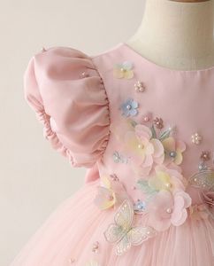 Elegante Vestido de Princesa de Tul con Flores 3D Hechas a Mano, Mangas Abullonadas hasta la Rodilla, Color Rosa Rubor Satinado, Diseño de Mariposa y Flores - Product Image 5