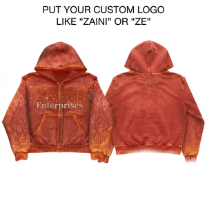 Sudadera con Capucha de Felpa de Algodón Premium de 420 GSM, Lavado Ácido, Color Naranja Quemado, con Cremallera, Logotipo Bordado Personalizado, OEM - Product Image 1