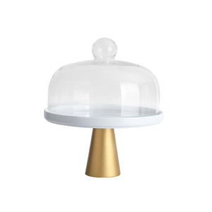 Support à gâteau en émail blanc de qualité supérieure avec base en aluminium et dôme en verre pour la présentation de cupcakes - Product Image 1