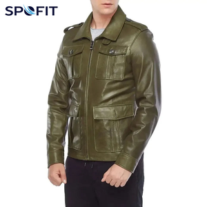 SPOFIT Men's Olive Green Leather Jacket Zipper Closure Turn-down Collar Workwear Style Regular Fit - Product Image 3