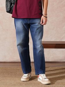 Jean en denim délavé bleu moyen pour homme, coupe ample et large, 100 % coton, style vintage décontracté, taille mi-haute, longueur complète, respectueux de l'environnement - Product Image 1