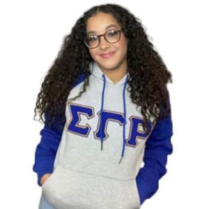 Sudadera con Capucha de Chenille y Mangas Raglán Sigma Gamma Rho SGRho Azul Gris, Prenda Premium de la Hermandad Griega - Product Image 1