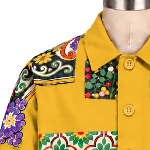Chaqueta de trabajo amarilla mostaza con mosaico, diseño floral multicolor, abotonada, informal, de manga larga, estilo streetwear, prenda exterior de moda. - Product Image 5