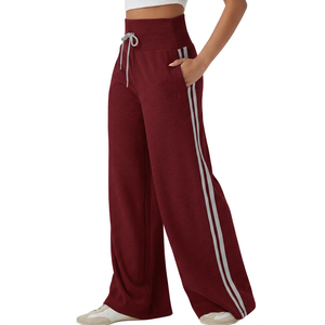 Pantalones de chándal acanalados de pierna ancha con cintura alta, cordón y rayas laterales, para mujer, informales, de largo completo, color liso, transpirables - Product Image 6