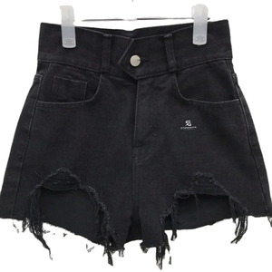 Shorts en jean pour femme, décontractés, taille haute, effet usé, délavé à l'acide, style streetwear, coton, ceinture élastique, été 2026 - Product Image 1