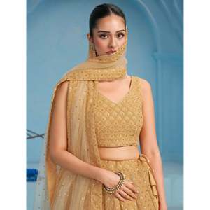 Lehenga Choli en Georgette Monochrome Brodé de Fil Beige Envoûtant pour Mariage - Product Image 5