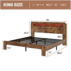 Letto Matrimoniale King Size con Struttura in Legno, Testiera Illuminata a LED e 2 Porte USB, Silenzioso, Senza Necessità di Rete a Doghe, con Vano Contenitore Integrato - Product Image 5
