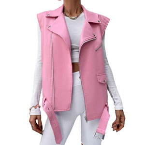 Gilet de motard rose en cuir véritable pour femme, coupe oversize, sans manches, style moto, tricoté, tendance automne, personnalisable - Product Image 6