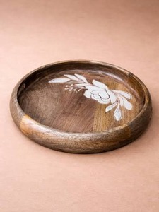 Round Hand Painted Wood Serving <b>Plate</b> <b>Vintage</b> Plant Pattern Floral Design Wooden Tray Dish Perfect For Home Kitchen Decor - Product Image 1