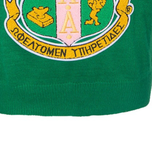 Pull en maille vert col V avec broderie de blason et bordure rose, manches longues, style universitaire décontracté pour femme, poignets côtelés, doux - Product Image 6