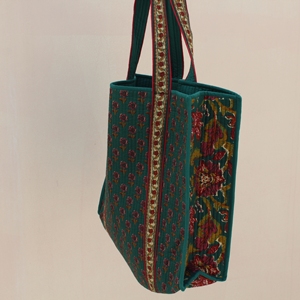 Elegant Quilted Cotton Dark Green Tote <b>Bag</b> Dual Sided Floral Print Long Handle Large Reusable Shopping Travel Shoulder <b>Bag</b> - Product Image 6