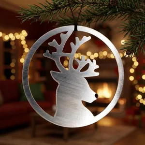 Ornement de cerf en métal argenté moderne, silhouette brossée, plaque circulaire, décoration murale festive pour Noël et les fêtes - Product Image 5