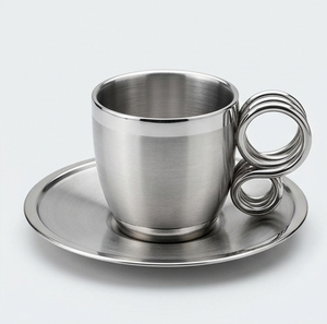 Tasse à thé moderne en acier inoxydable avec soucoupe, poignée spirale unique, mug à expresso en métal - Product Image 1