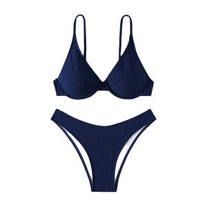Ensemble de maillot de bain 2 pièces côtelé sans couture en spandex pour femme, avec soutien-gorge triangle taille haute, décolleté en V profond, effet push-up, uni, décontracté et confortable - Product Image 1