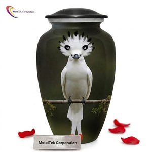 Urne funéraire artisanale en métal pour cendres humaines adultes, couronne blanche, motif d'oiseau, récipient décoratif pour cendres funéraires, urnes commémoratives - Product Image 1