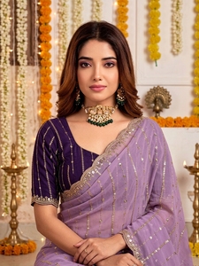 AARA Fashion Elegante Sari de Seda Morado con Bordado Dorado, Protección Solar, para Bodas y Eventos, Largo hasta el Suelo, Corte Regular, India - Product Image 2