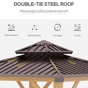 Gazebo con Tetto Rigido 3x3 Metri, Struttura in Legno Massello e Tetto a Doppio Livello in Acciaio per Villa, Cortile, Parco, Colore Marrone - Product Image 6