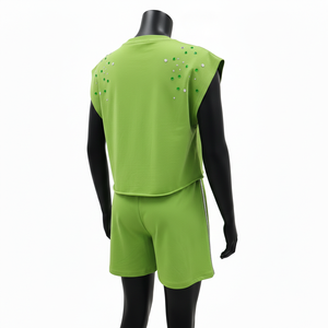 Conjunto de Camiseta Corta sin Mangas y Pantalones Cortos para Mujer, 100% Algodón, 240 GSM, Mezcla de Algodón Suave, Verde Lima, con Logotipo Brillante y Paneles Laterales - Product Image 5