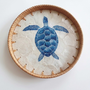 Bandeja redonda de ratán de diseño bohemio con incrustaciones de nácar, bandejas decorativas para servir café, pan y frutas, procedentes de Vietnam. - Product Image 1