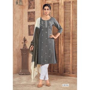 PANTALÓN DE TRABAJO BORDADO VISCOSA DE DISEÑADOR CON DUPATTA GRIS - Product Image 1