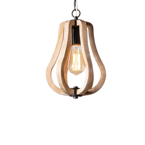 Lustre suspendu industriel vintage en bois massif sculpté à la main, style ferme, avec accents métalliques noirs - En promotion - Product Image 1