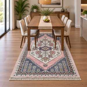 Alfombra Delgada de Lana Ecológica Anudada a Mano, Estilo Persa con Patrón Floral - Product Image 1