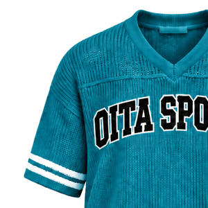 Camiseta Deportiva Azul Turquesa Personalizada, Tejida, Cuello en V, Manga Corta, a Rayas, Transpirable, Holgada, Informal, para Equipos Deportivos - Product Image 3